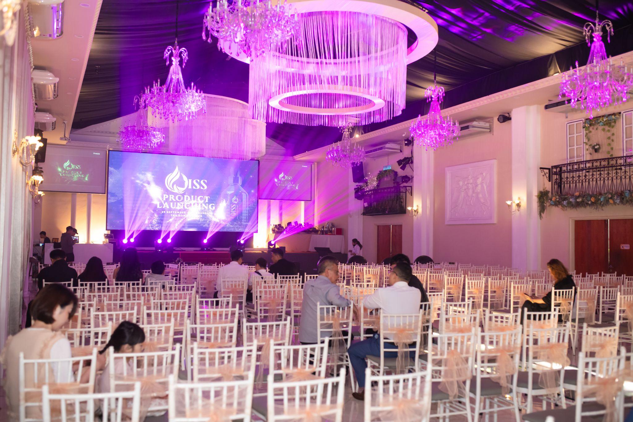 The Rome Garden launch venue prepared with purple event lighting