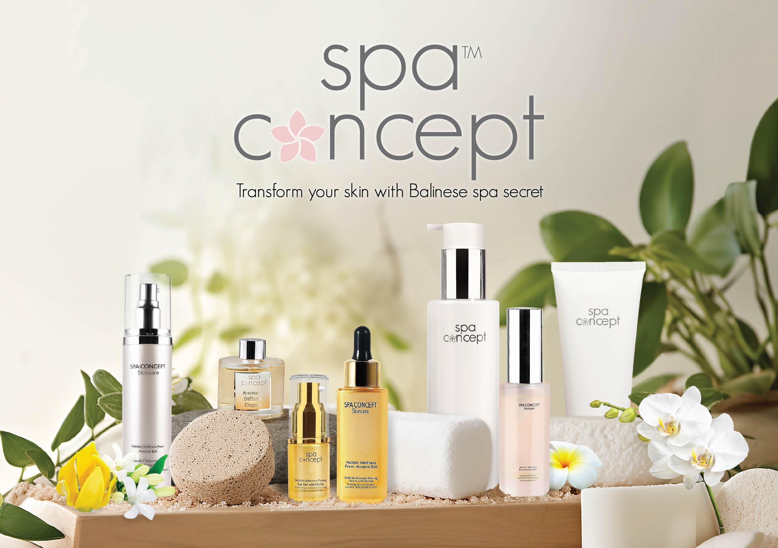 SpaConcept skincare, body care and home fragrance collection with tropical flowers