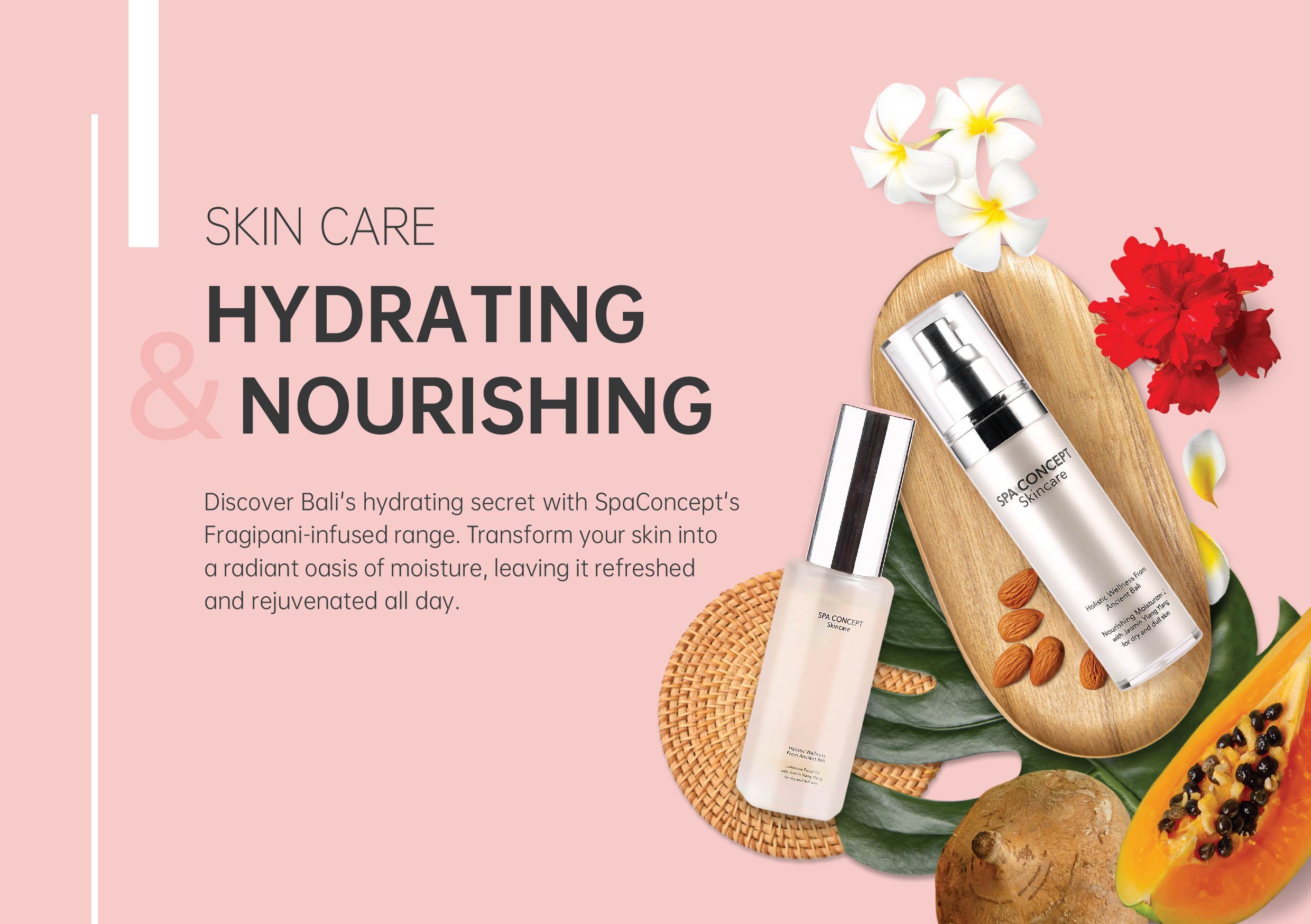 Pink SpaConcept skincare catalogue spread with botanical product photography